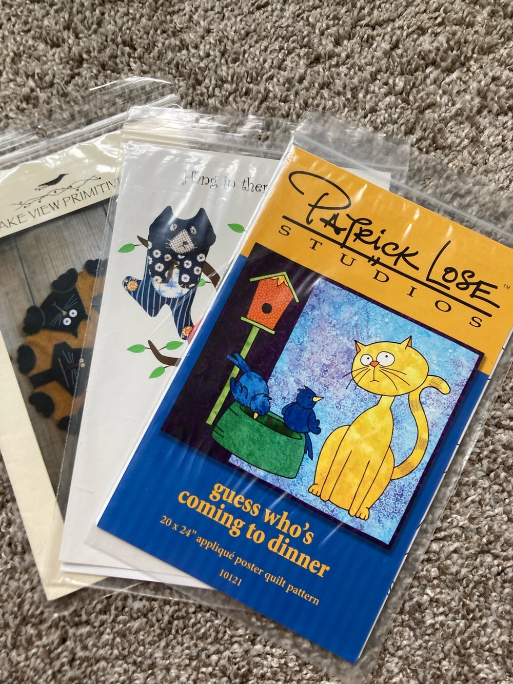 Lot of 3 NIP Cat themed quilting craft patterns Patrick Lose Rug appliqué poster